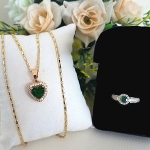 Gold Green Zirconia Heart and Round Halo Ring